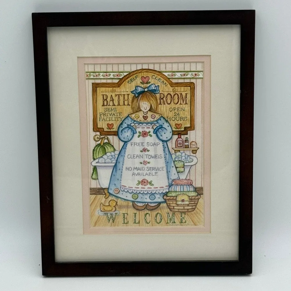 Vintage Country Bathroom Wall Art Framed Whimsical Girl Illustration 8x10